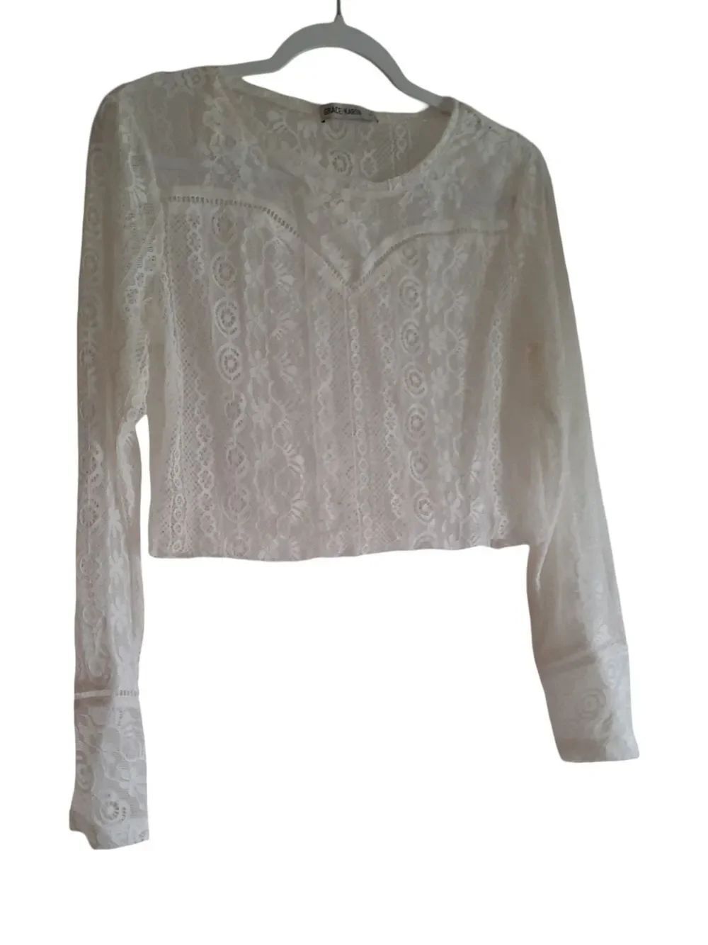Grace Karin White Lace Cropped Long-Sleeve Blouse